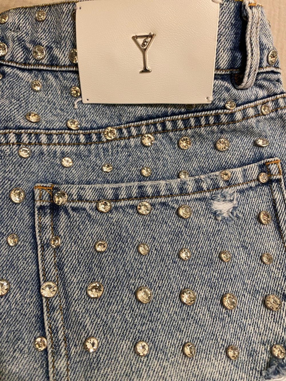 RETROFETE ANGEL EMBELLISHED DENIM SHORT Studded Distressed Denim - Blue. Size 28 - Picture 12 of 15